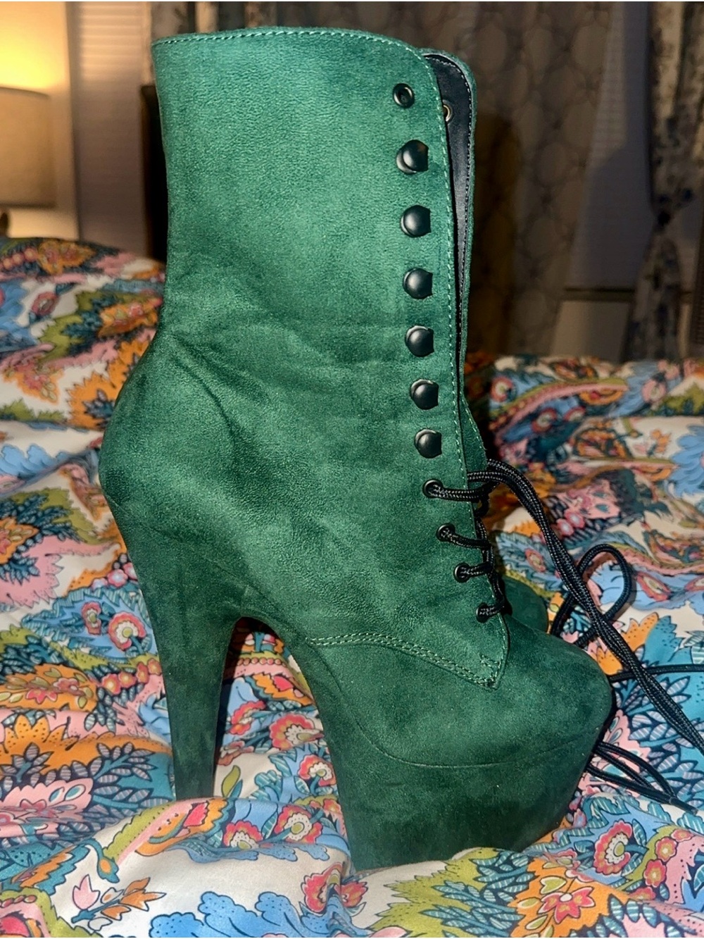 Pleaser Dark Emerald Suede Platform Lace-Up Ankle Boot